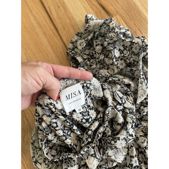 Misa One Shoulder Ruffle Mini Dress Floral Black Ivory Size Medium Josefine - Picture 4 of 10